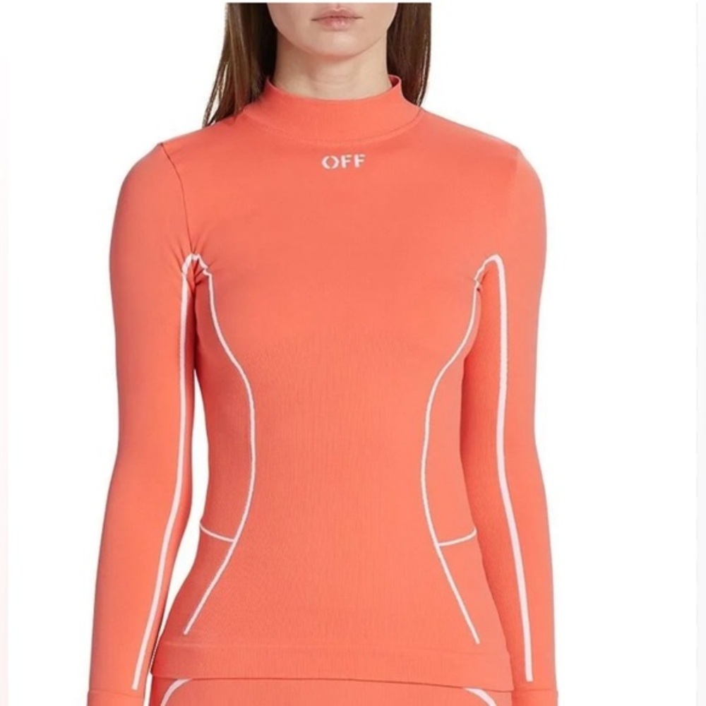 Off-White Off Stamp Seamless Mock Neck Long Sleeve Rib T-Shirt in Coral Red